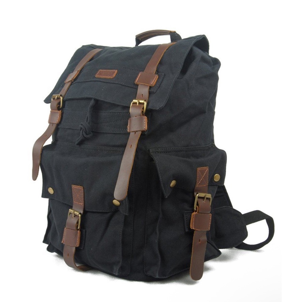 Black Canvas Backpack with Leather Strap Details and Many Pockets Gorpcore